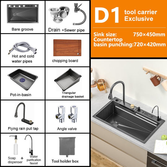 Waterfall Sink Kitchen 304 Stainless Steel Large Single Slot Modern Multifuctional Workstation With