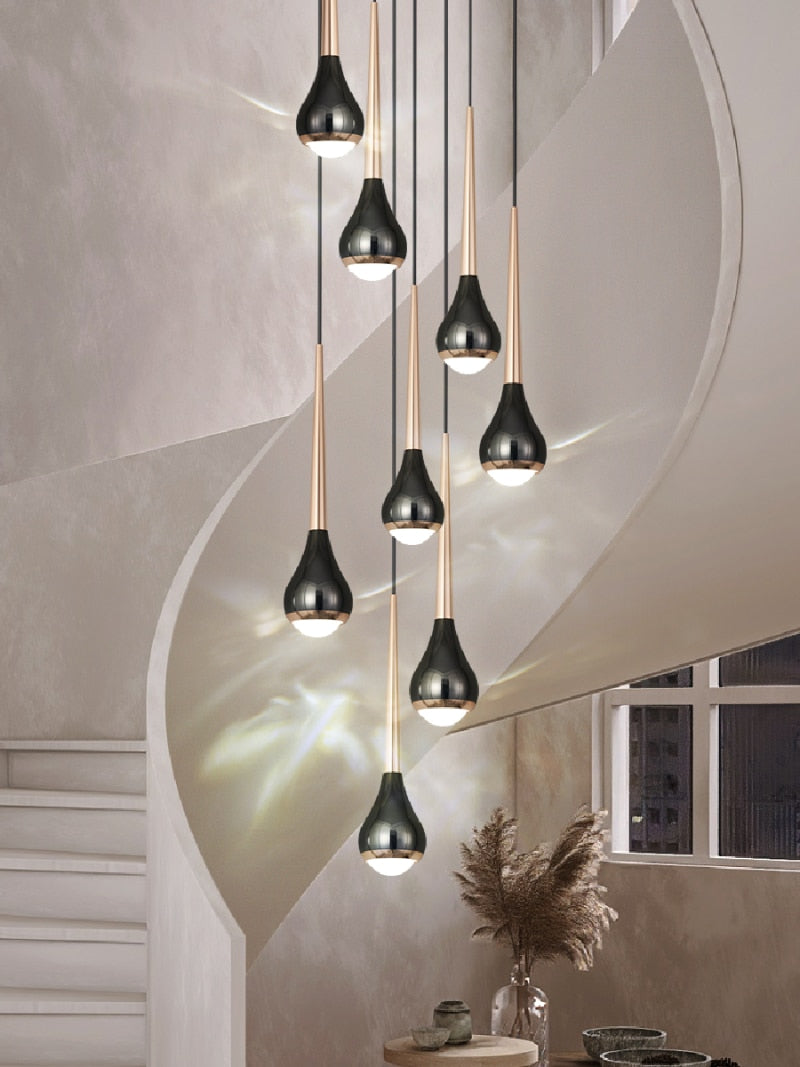 Black Staircase Led Pendant Ligh Modern Living Room Loft Hanging Lamp Villa Hotel Apartment Long