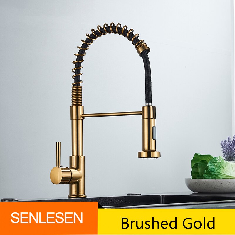 Golden Kitchen Spring Faucet Brass Deck Mount 360 Degree Rotate Stream & Sprayer Nozzle Hot Cold