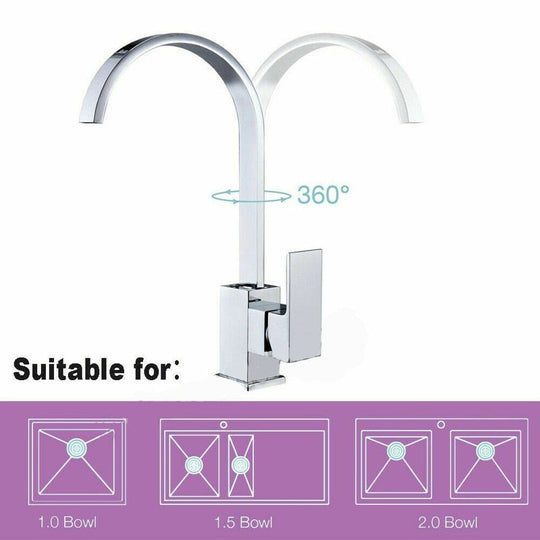 Stainless Steel Kitchen Faucet Single Square Flat Tube Hole Hot And Cold Sink Mixer Tap 360 Degree