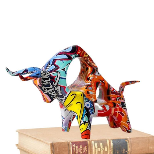 Bull Statue Resin Graffiti Full Color Minimalistic Decor Figurine Creative Abstract Sculpture