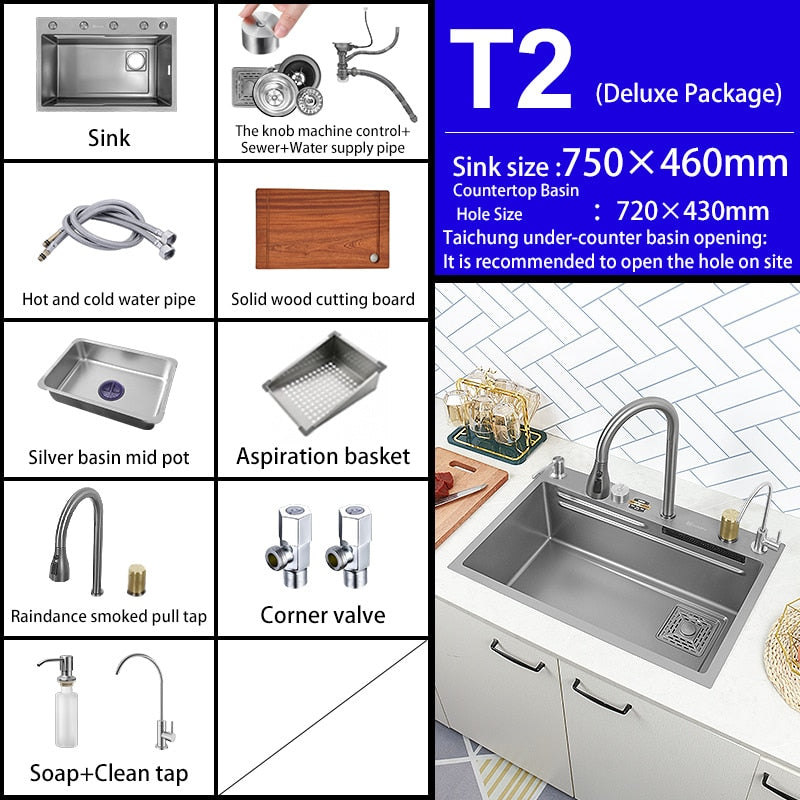 Kitchen Sink 304 Stainless Steel Large Single Slot With Multifunction Touch Waterfall Faucet For