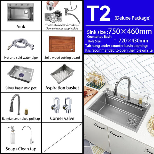 Kitchen Sink 304 Stainless Steel Large Single Slot With Multifunction Touch Waterfall Faucet For