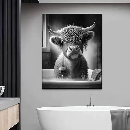 Funny Highland Cow On Toilet Wall Art Poster Prints Rustic Farmhouse Style Canvas Painting Picture