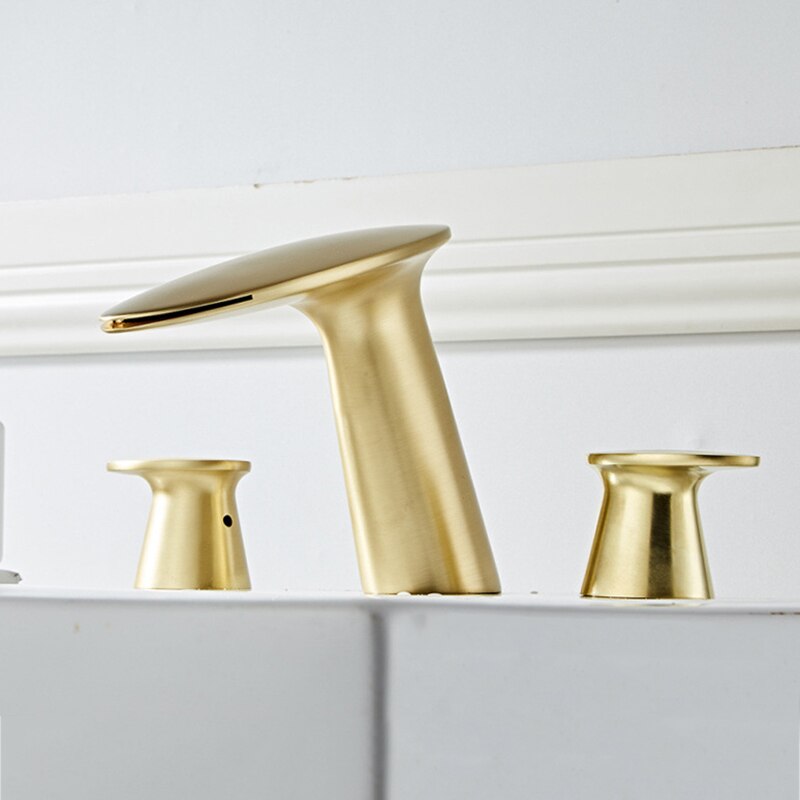 Basin Mixer Waterfll Faucet Bathroom Sink Faucets Brushed Gold Brass 3 Holes Double Handle