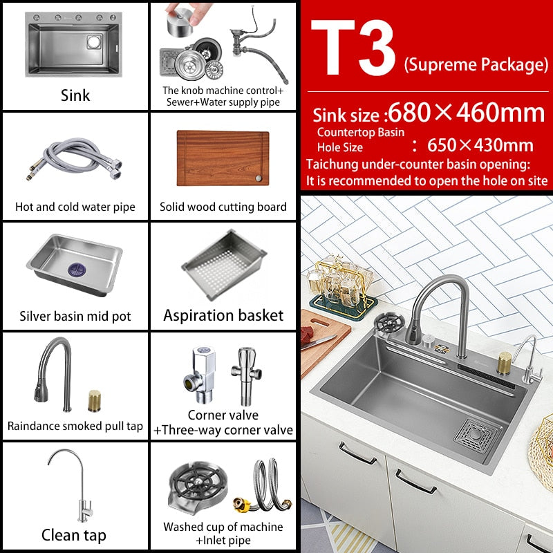 Kitchen Sink 304 Stainless Steel Large Single Slot With Multifunction Touch Waterfall Faucet For