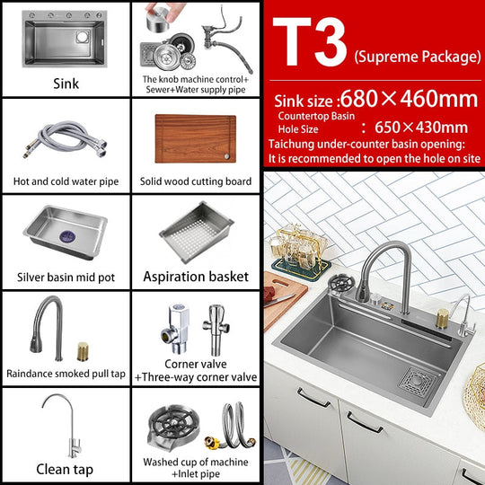 Kitchen Sink 304 Stainless Steel Large Single Slot With Multifunction Touch Waterfall Faucet For