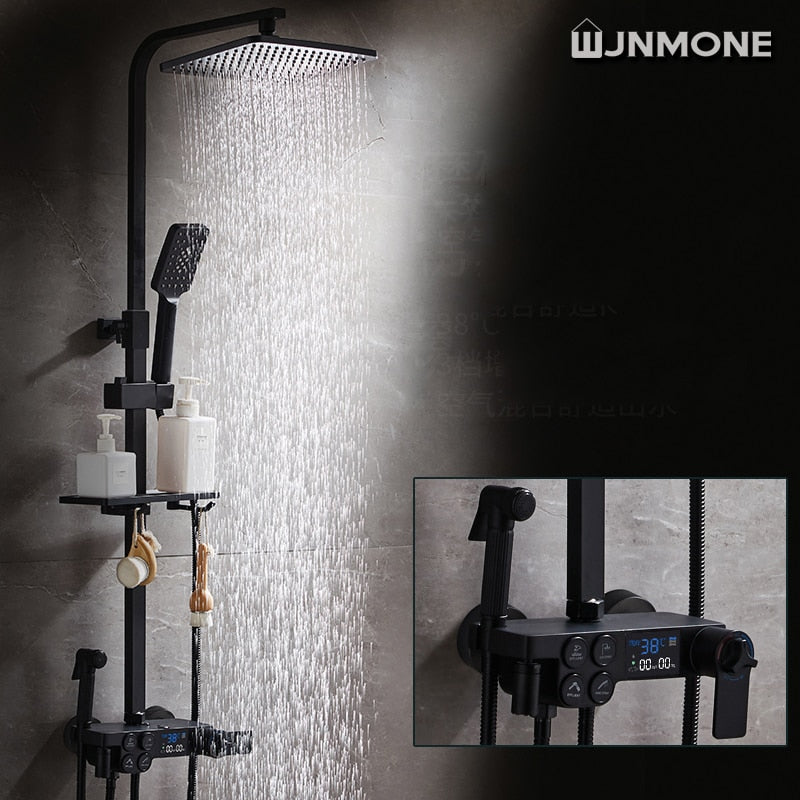 Bathroom Shower Set Black Gold Rain Faucet Thermostatic Digital Display Mixer Taps Copper Systems