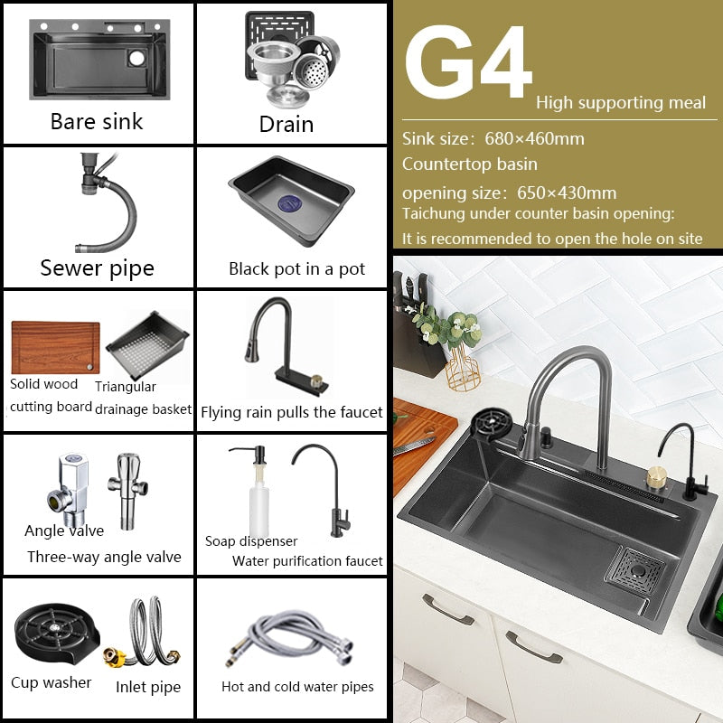 New Black Nano Kitchen Sink 304 Stainless Steel Waterfall Basin Large Single Slot With Faucet For