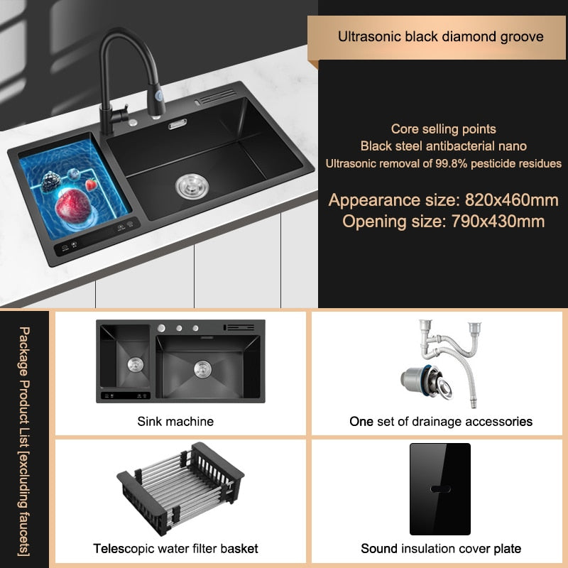 Kitchen Sink Stainless Steel Dishwashing Ultrasonic Dishwasher Multifunctional Intelligent Net