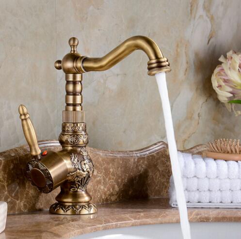 Kitchen Faucet Vintage Antique Hot Cold Rotating Bathroom Sink Carved Basin Mixer Tap Solid Brass A