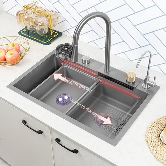 Kitchen Sink Nano 304 Stainless Steel Waterfall Gun Gray Large Single Bowl With Multifunction Touch