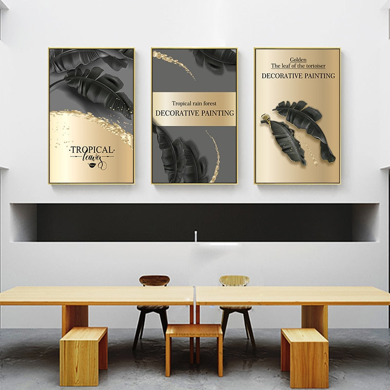 Golden Black Tropical Leaf Modern Abstract Canvas Painting - Nordic Wall Art For Living Room Decor