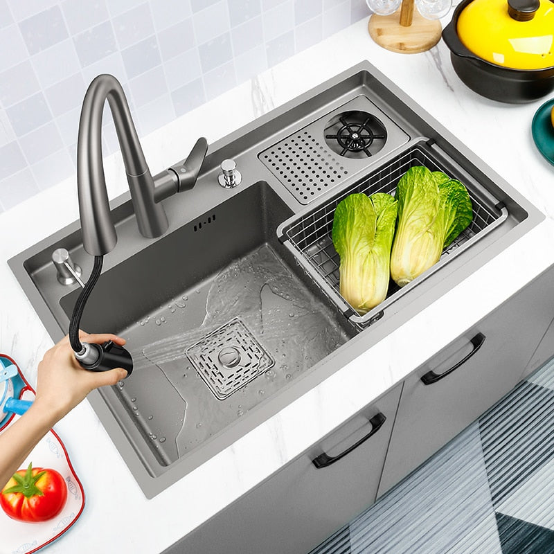 Grey Drop In Kitchen Sink Workstation Undermount Single Bowl 304 Stainless Steel With Drain Basket