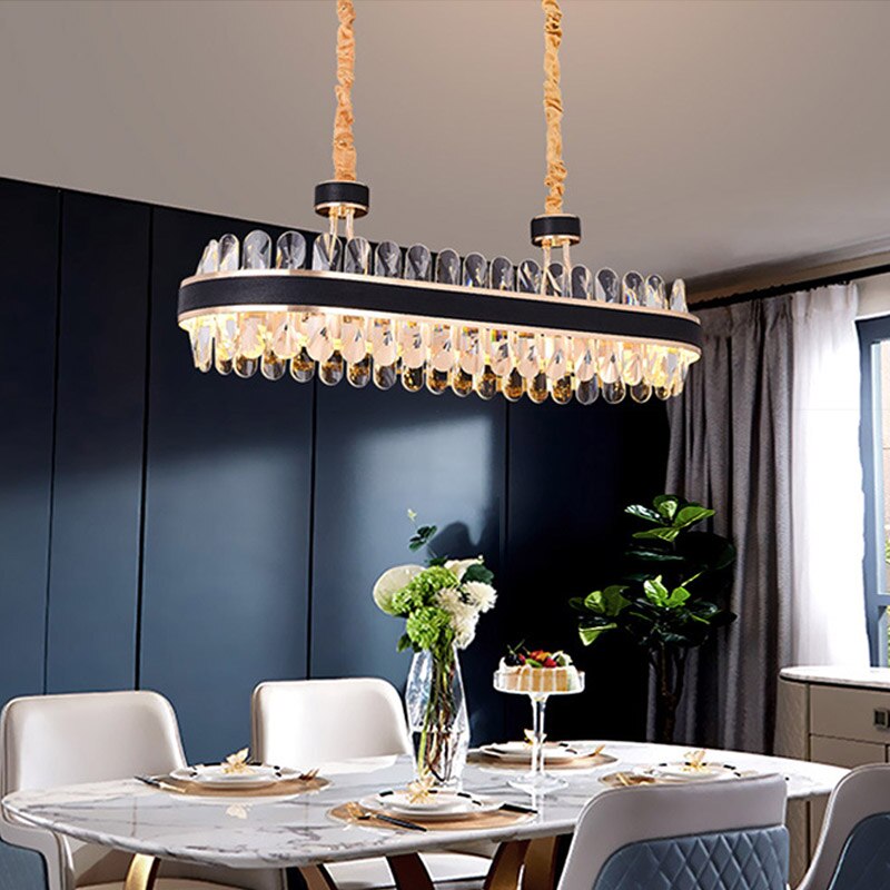 Crystal Dimmable Led Light Ceiling Chandeliers Black Leather Luxury Lustres Round Hanging Lamps