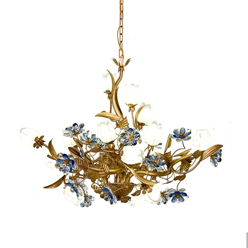 American Vintage Chandelier Lighting E14 Bulb Luxury Crystal Blue Farmhouse Ceiling Pendant Lamp