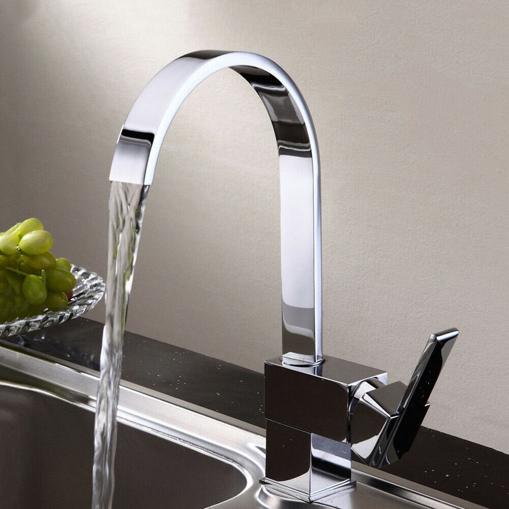 Stainless Steel Kitchen Faucet Single Square Flat Tube Hole Hot And Cold Sink Mixer Tap 360 Degree