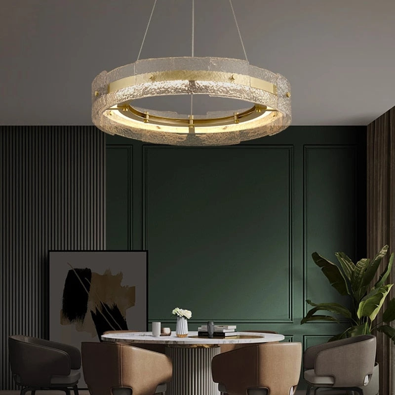 Modern Luxury Wave Clear Glass Led Pendant Light Gold Ring Chandelier Home Decor Living Room