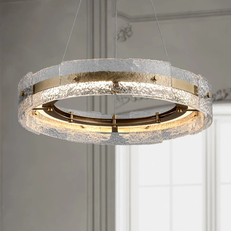 Modern Luxury Wave Clear Glass Led Pendant Light Gold Ring Chandelier Home Decor Living Room