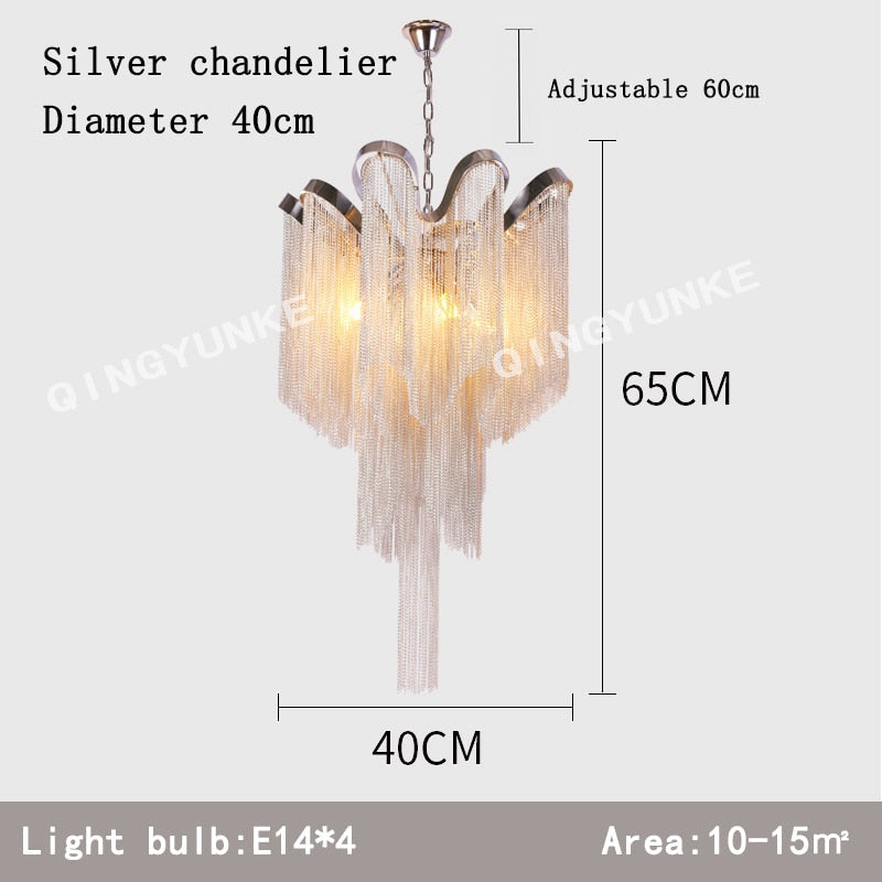 Aluminium Chain Chandelier Fringed Pendant Lamp Luxury Stair Silver Gold Ceiling Light For Home