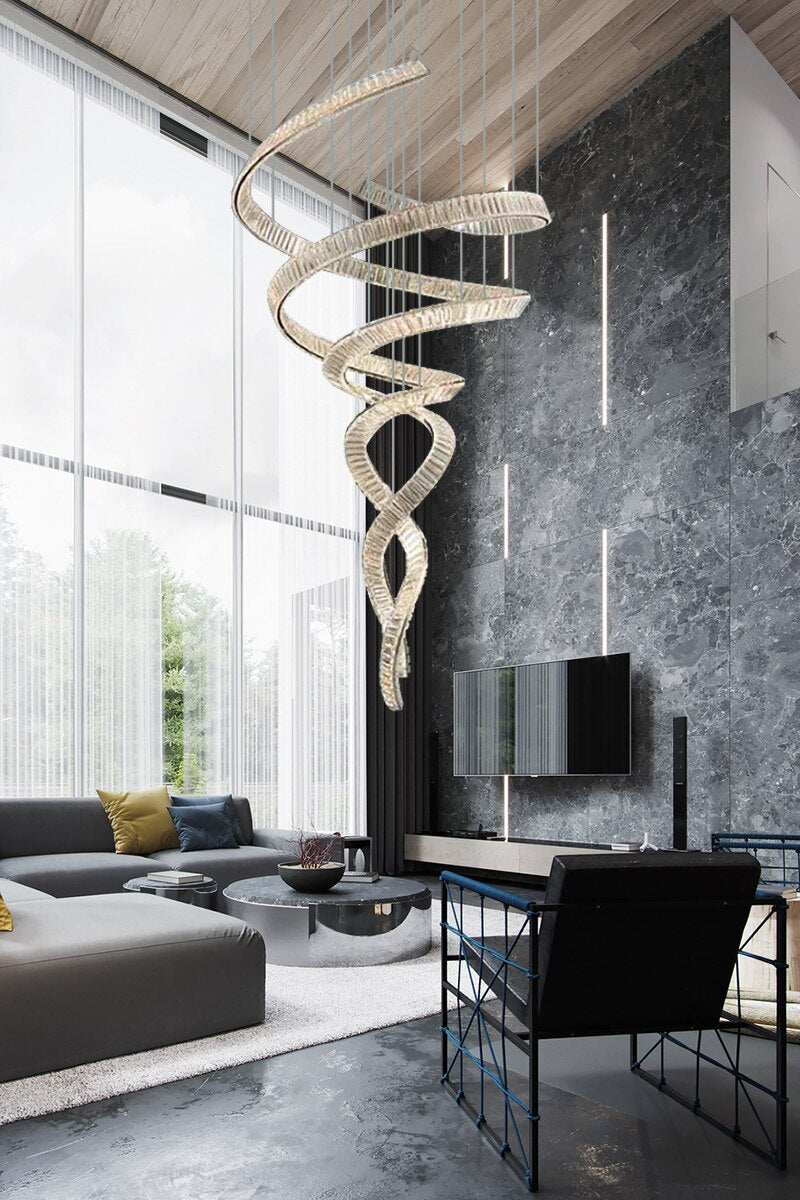 Galactic Radiance: Modern Led Luxurious Crystal Pendant Chandelier - An Artistic Staircase Duplex