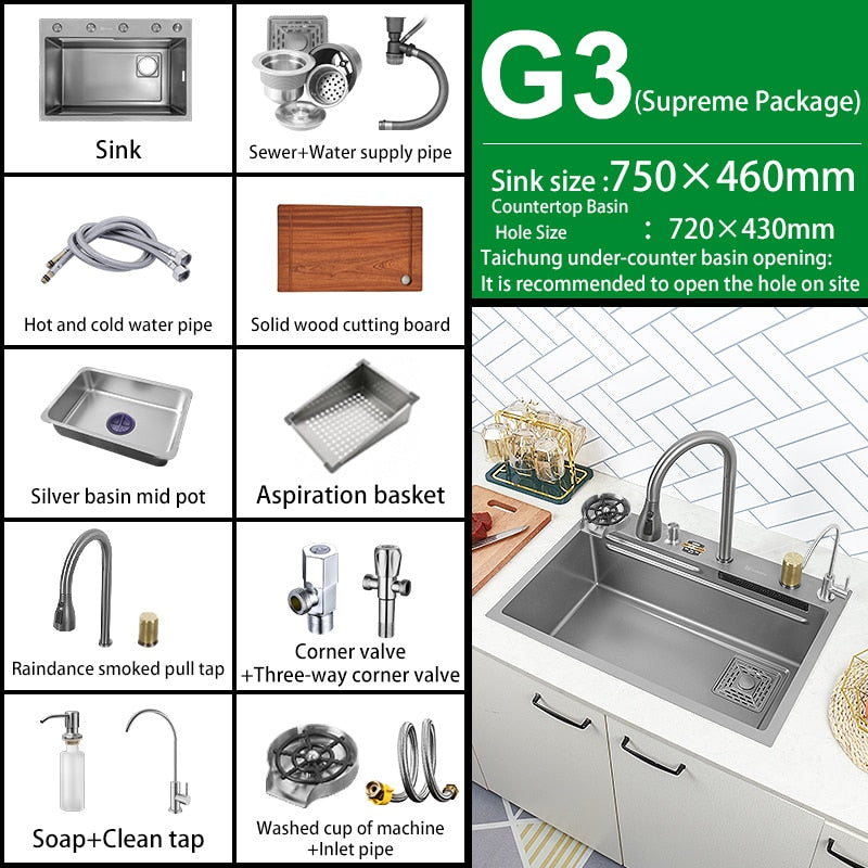 Kitchen Sink 304 Stainless Steel Large Single Slot With Multifunction Touch Waterfall Faucet For