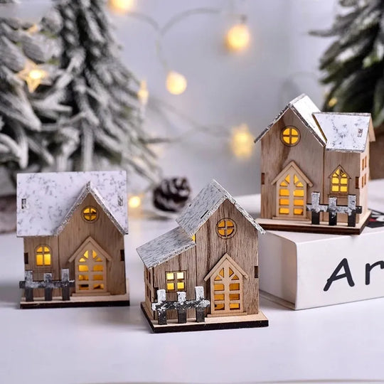 Christmas Led Light Wooden House Luminous Cabin Merry Decorations For Home Diy Xmas Tree Ornaments