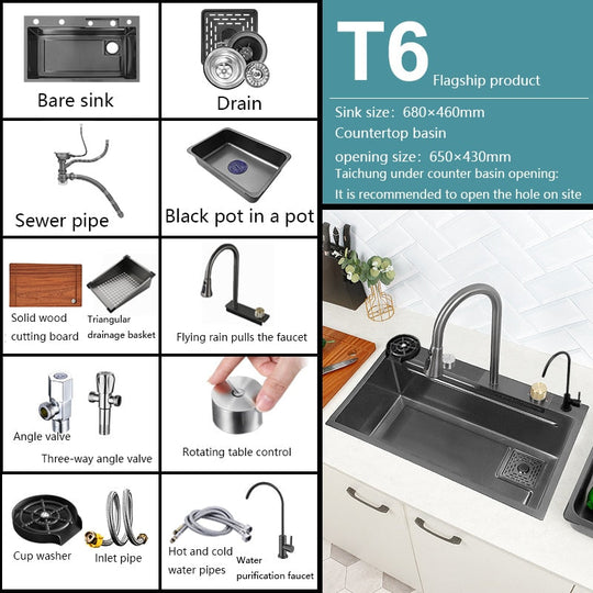 New Black Nano Kitchen Sink 304 Stainless Steel Waterfall Basin Large Single Slot With Faucet For