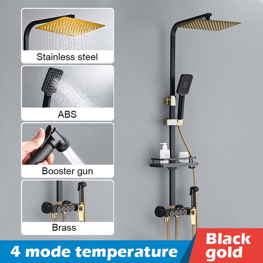 Bathroom Shower Set Black Gold Rain Faucet Thermostatic Digital Display Mixer Taps Copper Systems