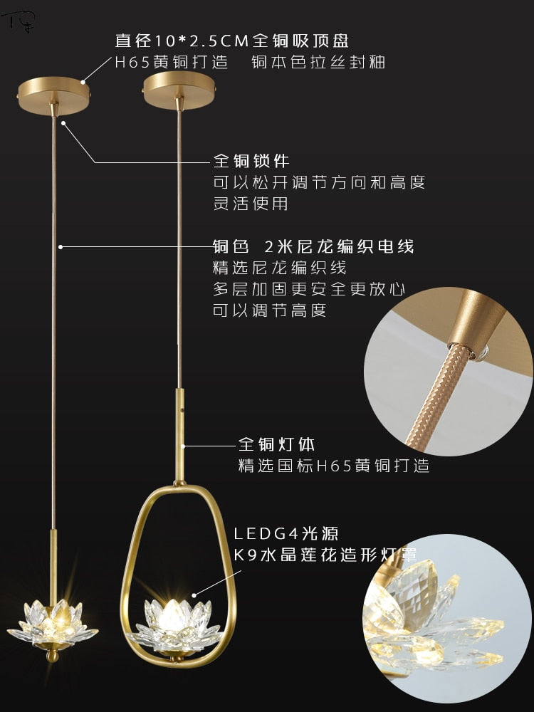 Chinese Zen Art Crystal Lotus Pendant Lights Modern Luxury Led Hanging Lamp Home Decor Loft Salon