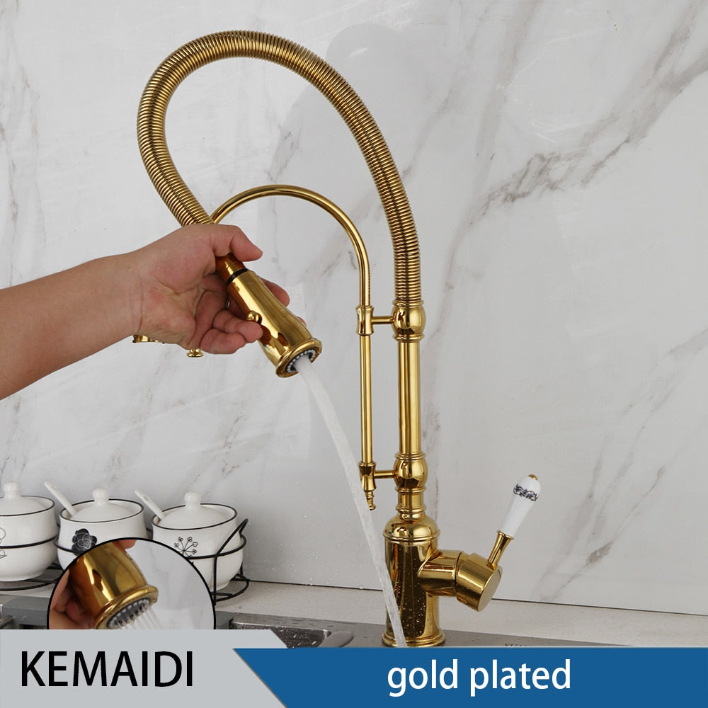 Golden Spring Pull Down Kitchen Sink Faucet Hot & Cold Water Mixer Crane Tap With Dual Spout Deck