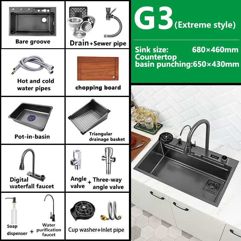 New Black Nanometer 304 Stainless Steel Waterfall Kitchen Sink 3Mm Thickness Large Single Slot