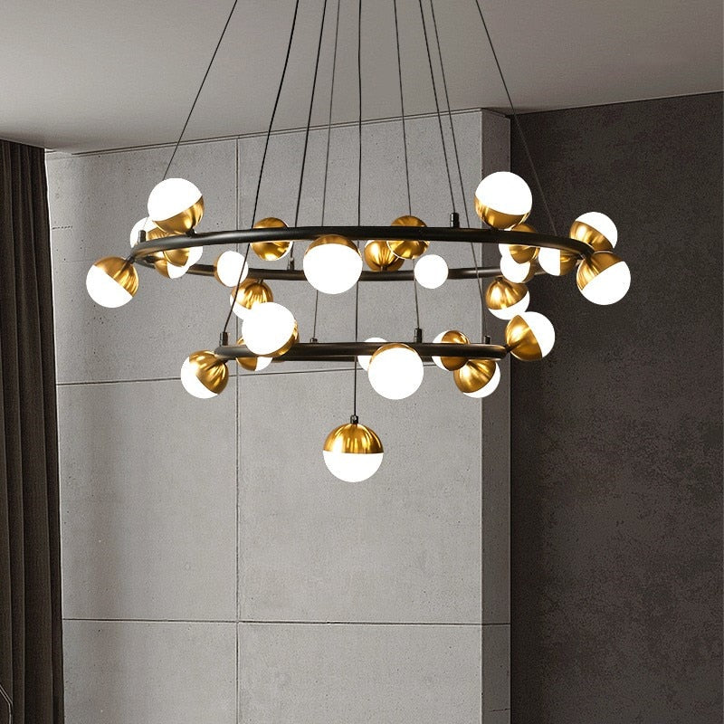 Gold Balls Indoor Led Chandelier - Art Deco Round Lighting Fixtures With Acrylic Ball Accents