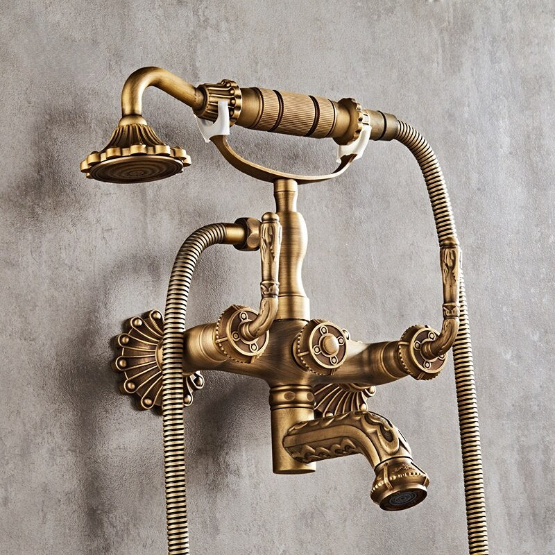 Antique Brass Bathtub Shower Faucets Set Wall Mounted Bath Swivel Tub Spout Dual Control Carved