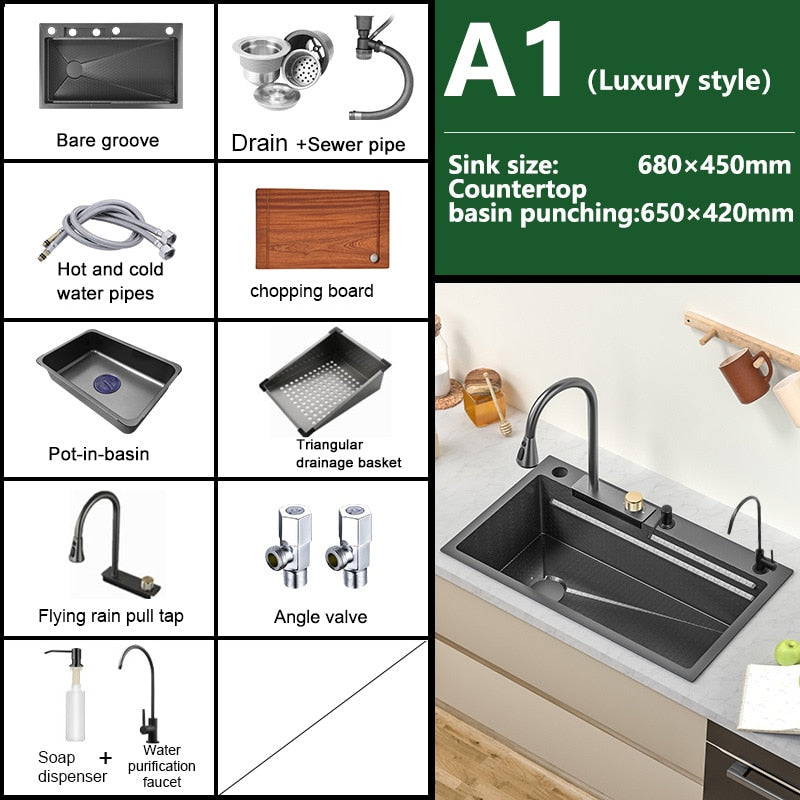 New Waterfall Sink Stainless Steel Kitchen Large Single Household Washbasin Embossed Honeycomb