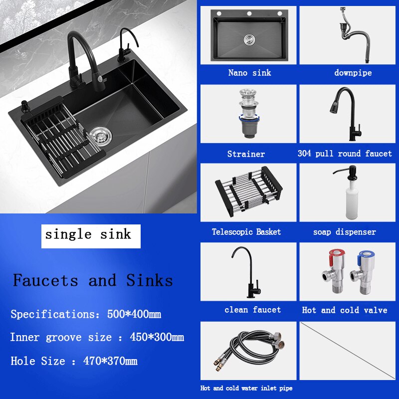 Black Stainless Steel Single Bowl Kitchen Sink Undermount Dishwasher 50X40 1 Sink