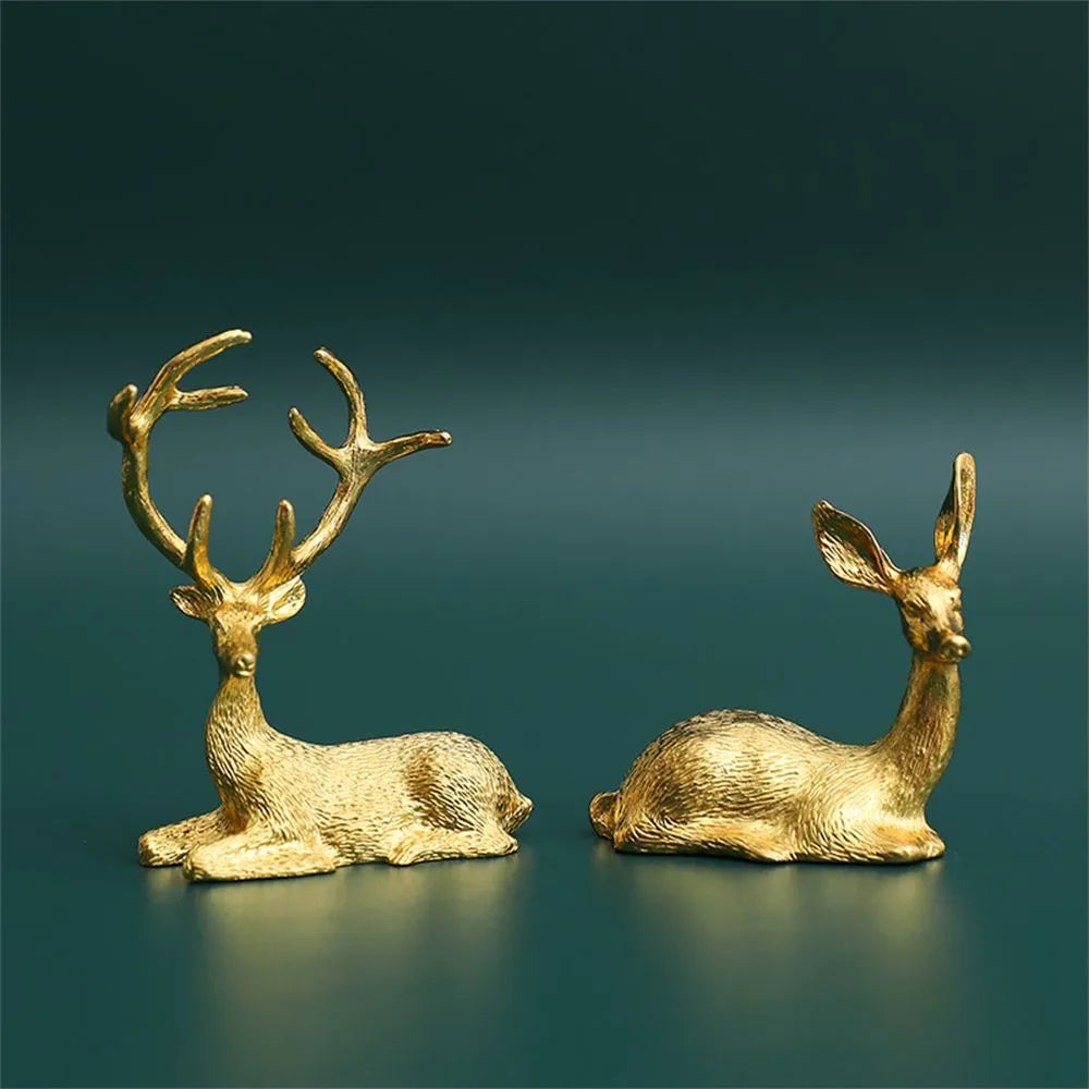 1 Pair Elk Deer Statue Nordic Ornament Art Figurine Vintage Golden Handicraft Table Decoration