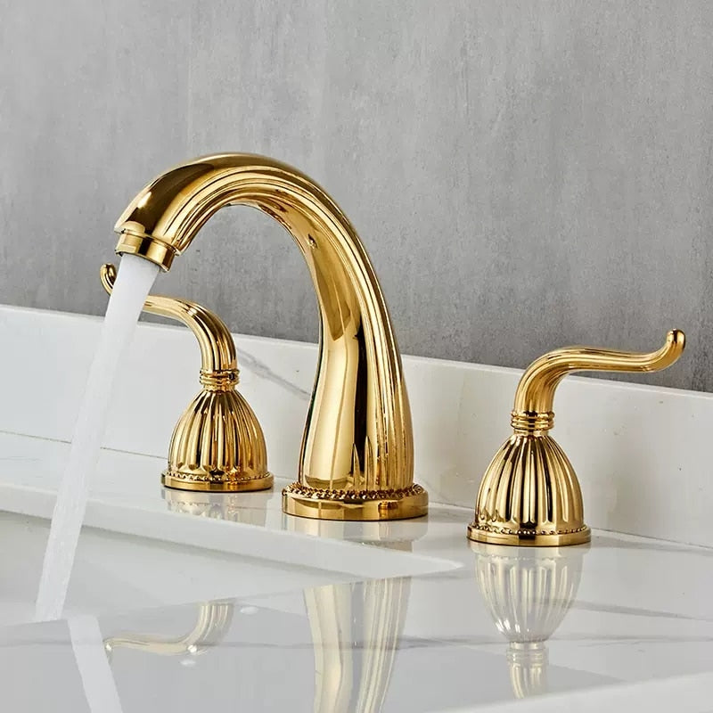 Antique Brass Finished Bathroom Bathtub Faucet Double Handles 3 Pcs Basin Mixer Tap Gold Sink