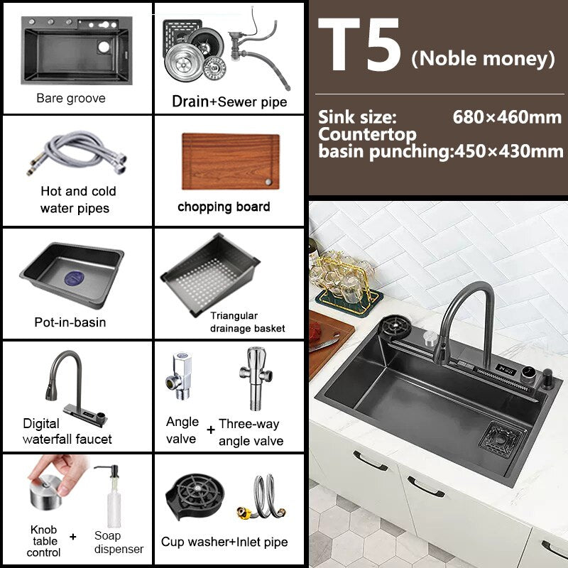 New Black Nanometer 304 Stainless Steel Waterfall Kitchen Sink 3Mm Thickness Large Single Slot