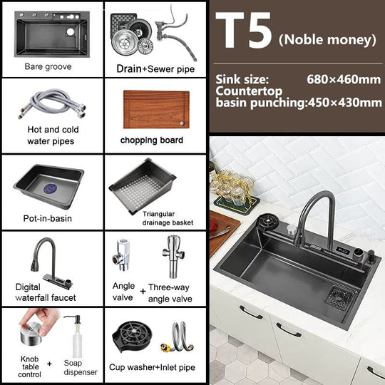 New Black Nanometer 304 Stainless Steel Waterfall Kitchen Sink 3Mm Thickness Large Single Slot