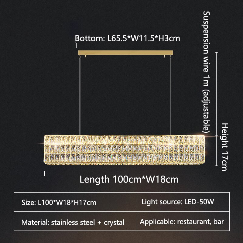 Modern Gold Led Long Crystal Chandelier Luxury Home Lamp Glossy Rectangle Living Room Dining