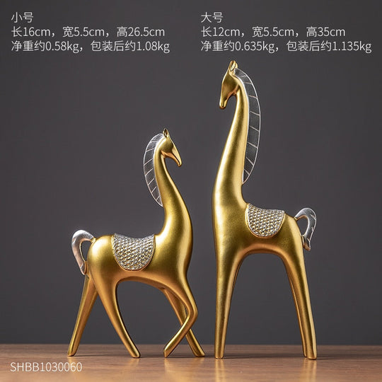 2 Piece - Luxury Golden Horse And Elk Figurines: Resin Animal Sculpture For Elegant Home Decor A -