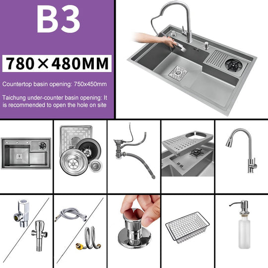 Grey Drop In Kitchen Sink Workstation Undermount Single Bowl 304 Stainless Steel With Drain Basket