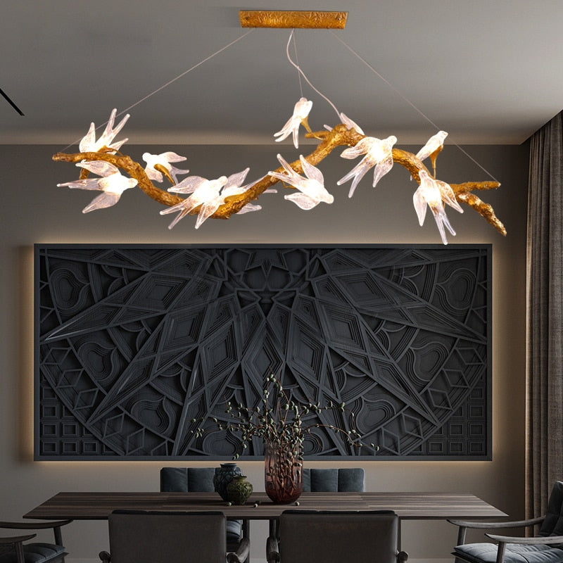 Branches Copper Chandelier Lustre Hanging Lamps For Ceiling Modern Suspension Bird Crystal