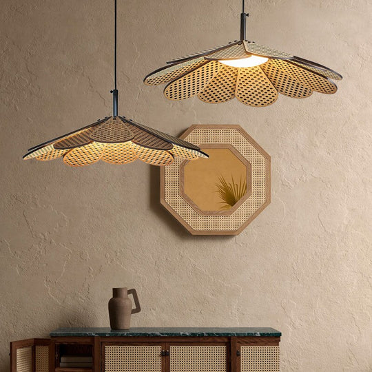 Korean Wood Dining Room Pendant Lights Petal Shape Warm Bedroom Kitchen Shop Lamp Cord Adjustable