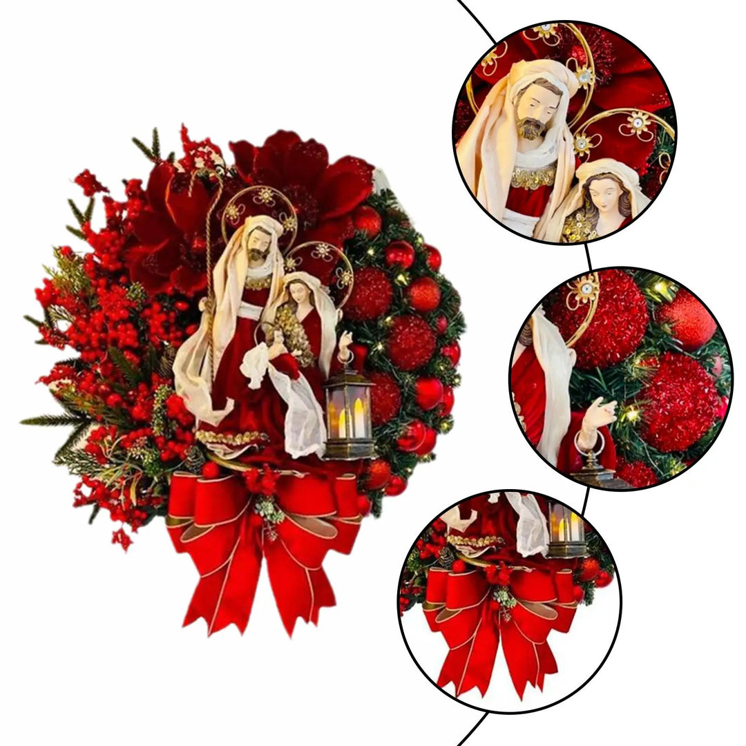 Christmas Nativity Holy Family Wreath With Artificial Berries Greenery Bow Jesus Christ Hanging