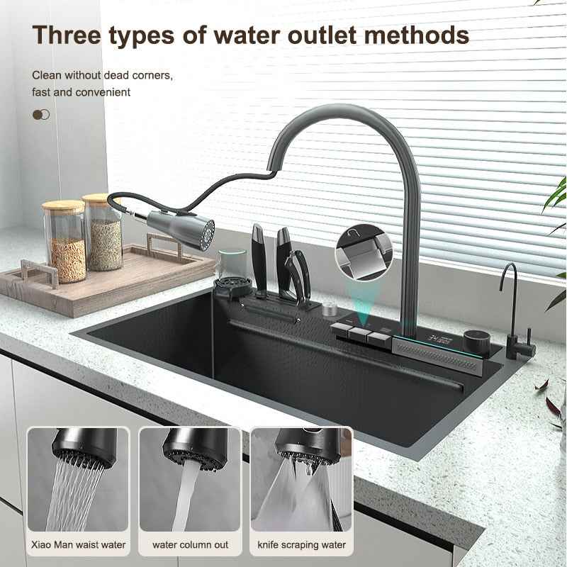 Stainless Steel Waterfall Kitchen Sink Digital Display Embossed Large Single - Slot Multifunctional