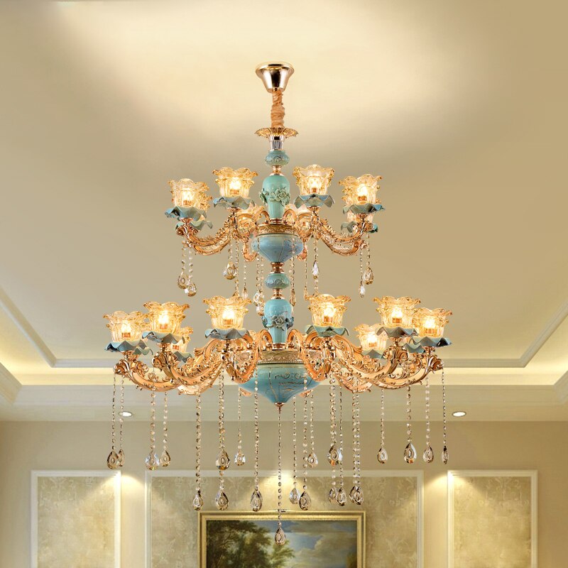 European - Style Duplex Building Chandelier Crystal Lamp Living Room Hotel Ceramic Three - Story