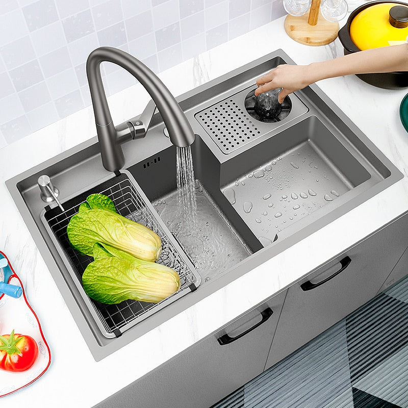 Grey Drop In Kitchen Sink Workstation Undermount Single Bowl 304 Stainless Steel With Drain Basket