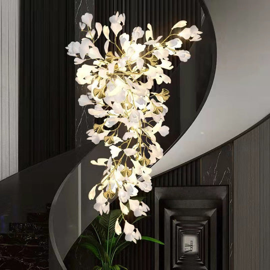 Modern Ceramic Petal Chandelier Nordic Design Ginkgo Branch Leaves Copper Led Lighting Living Room